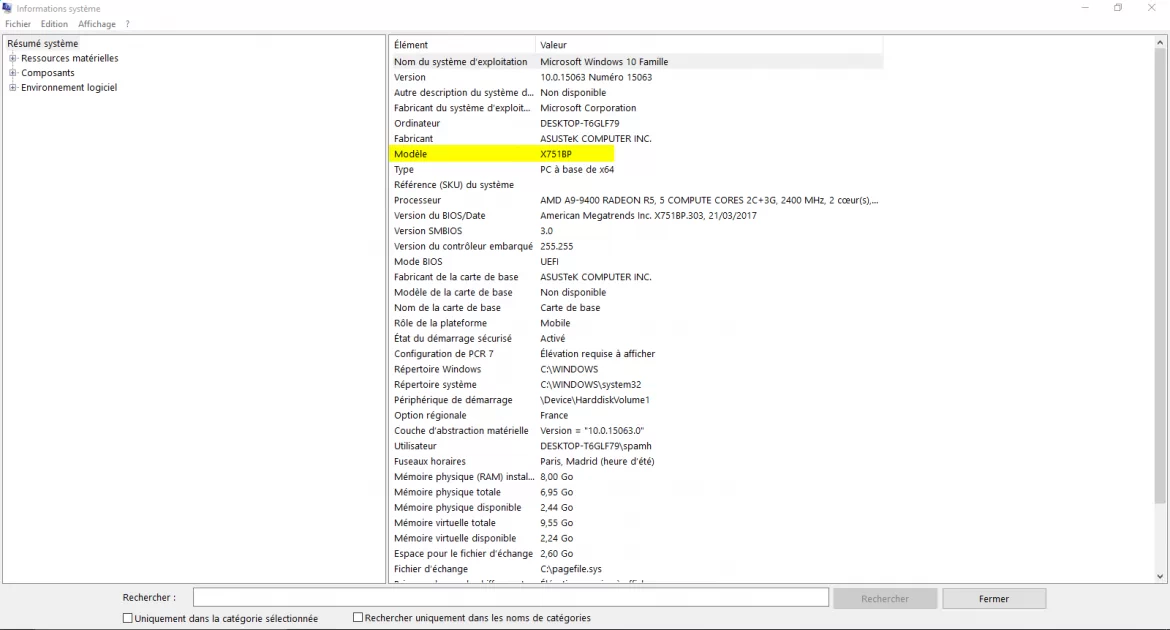 Les informations systèmes de Windows indiquent le modèle de votre PC